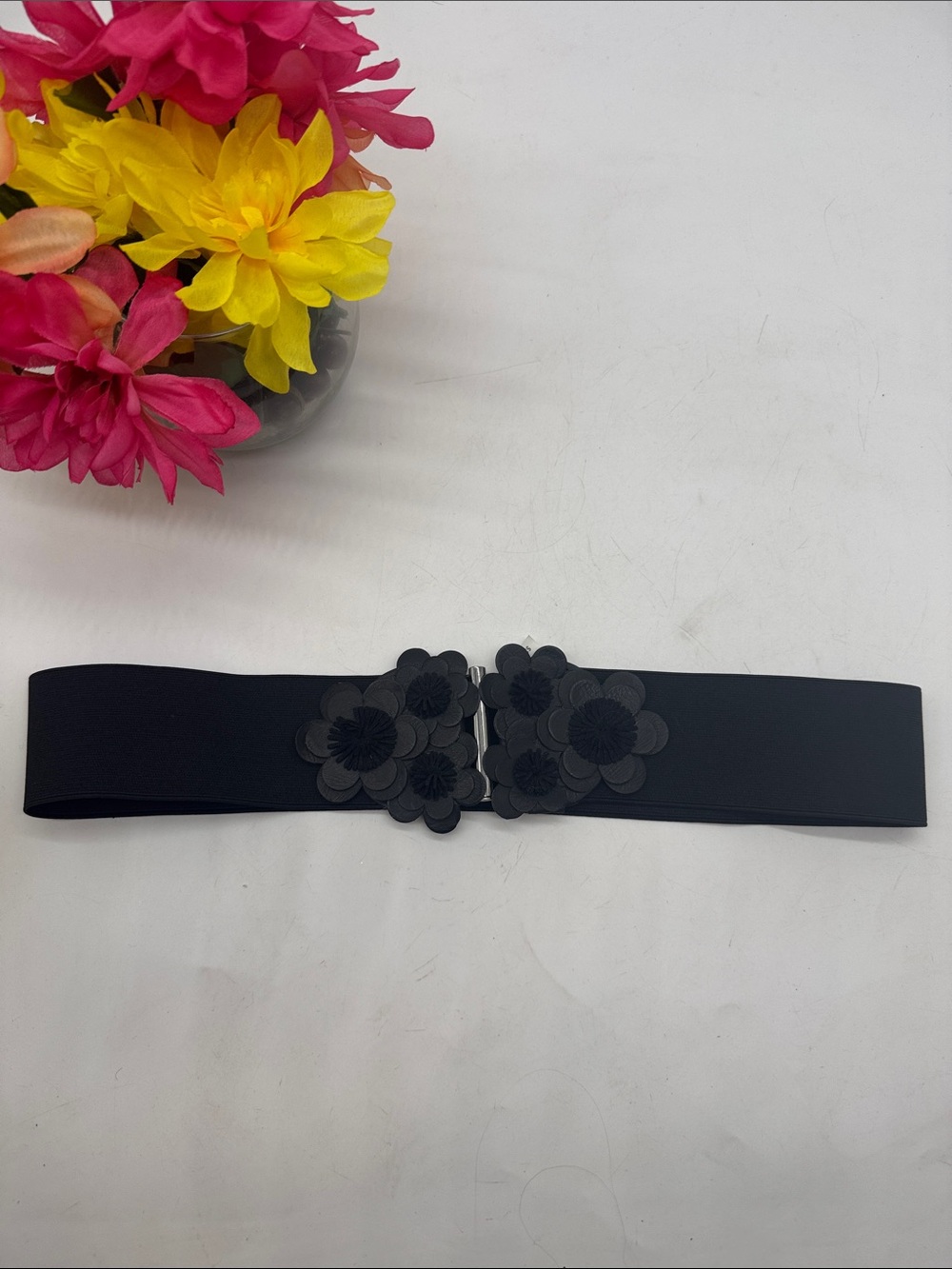 Black Floral Elastic Stretch Waist Belt - Women Accessories